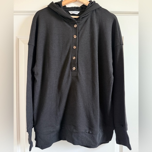 PrettyGarden Tops - Black Button-Up Ribbed Hoodie Sweatshirt